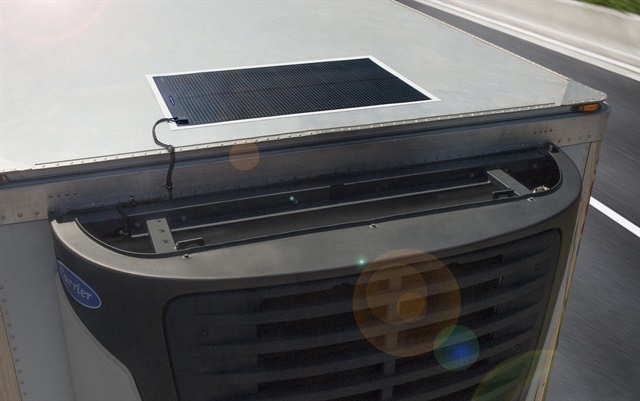 <p><strong>Carrier Transicold Thin Film Flexible Solar Panels are designed to maintain the refrigeration unit&rsquo;s battery charge.</strong> <em>Photo: Carrier Transicold</em></p>