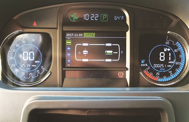 <p><strong>The dash A-panel displays speed and mileage info as well as state-of-charge and estimated remaining miles. Drivers can navigate through a variety of system screens, including one that shows energy transfer from the motor to the wheels and vice versa when regenerative braking occurs.</strong></p>