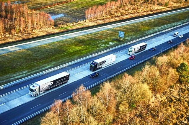pstrongVehicle-to-vehicle technology, such as that used in Daimler's recent demonstration of autonomous platooning technology in Europe, will further enhance high-tech safety systems./strong emPhoto: Daimler Trucks/em/p