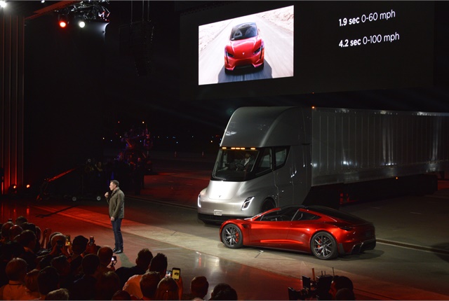 <p><strong>Tesla CEO Elon Musk speaks to a racous crowd at the launch of the new Semi Class 8 truck in California on Nov. 16, 2017. </strong><em>Photo: Jack Roberts</em></p>