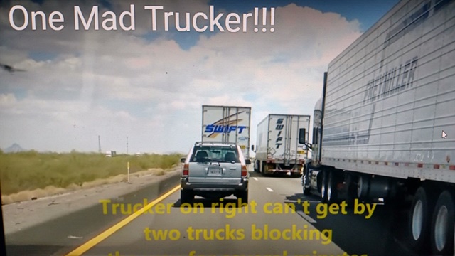 Share the Road? Two rigs side by side prevent following traffic from passing. The trucker in the foreground decides to solve the problem. Images: screen captures from YouTube