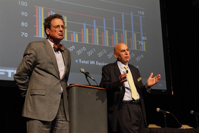 <p><strong>No&euml;l Perry (left) and Larry Gross&nbsp;speaking at the FTR Transportation Conference</strong>.&nbsp;<em>Photo: Evan Lockridge</em></p>